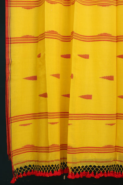 Yellow Pure Handwoven Malai Cotton Saree with Butta Weaving border