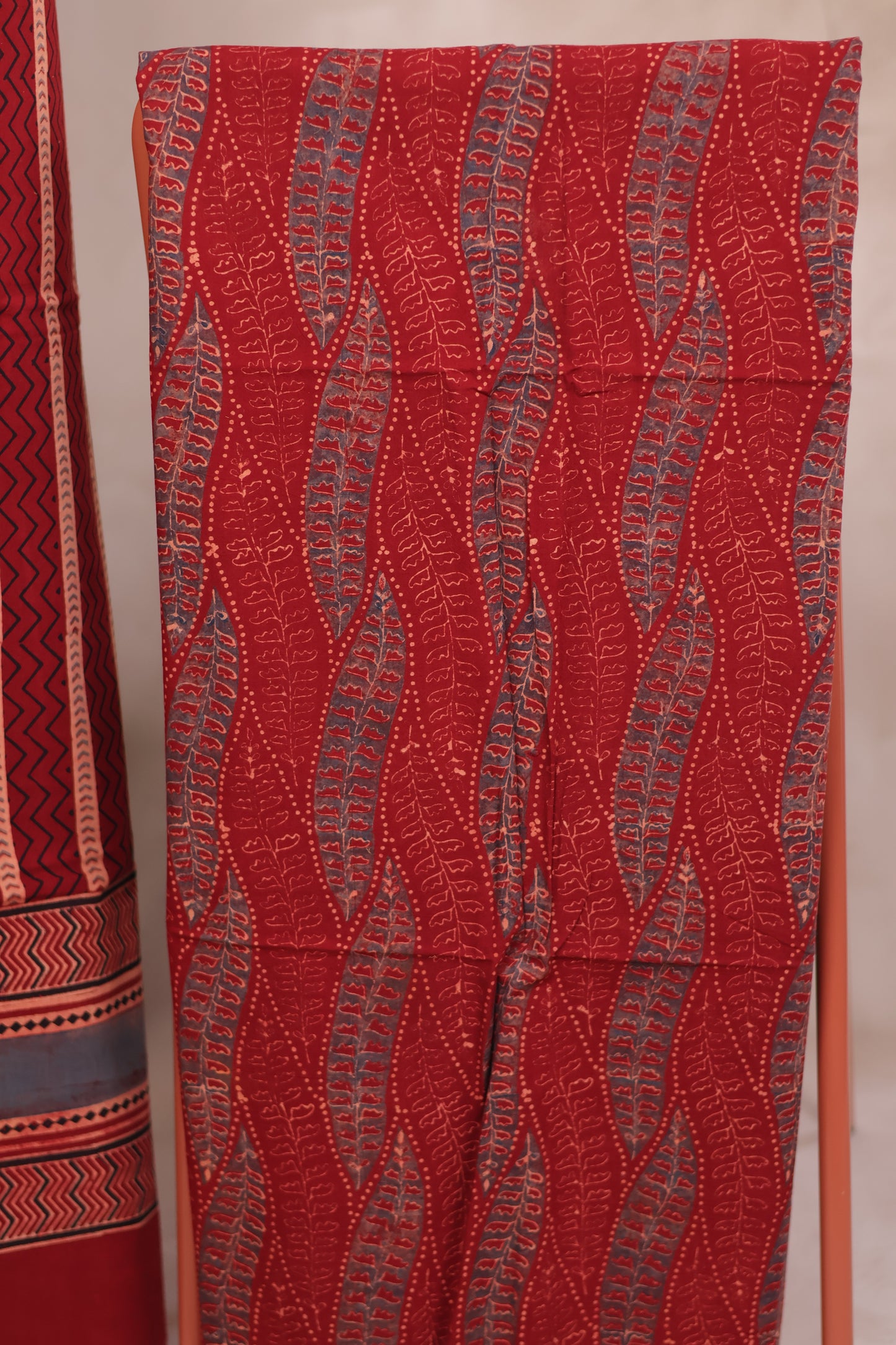Maroon Stripes Ajrakh Handblock Printed Pure Cotton 3 piece suit set | Looms & Tassels