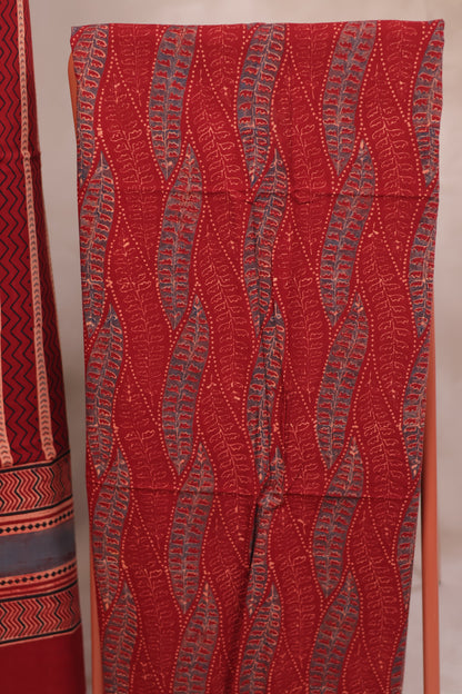 Maroon Stripes Ajrakh Handblock Printed Pure Cotton 3 piece suit set | Looms & Tassels