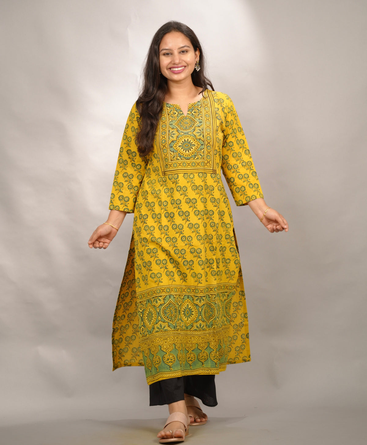 Mustard Yellow Ajrakh Pattern Hand Block printed Kurti | Looms & Tassels