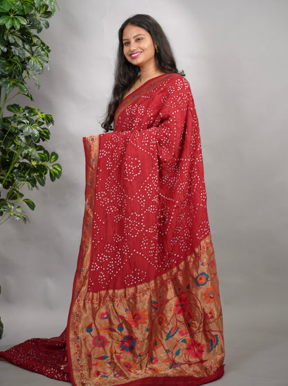 Maroon Handcrafted  Pattern Bandhani Paithani Dola Silk Saree | Looms & Tassels
