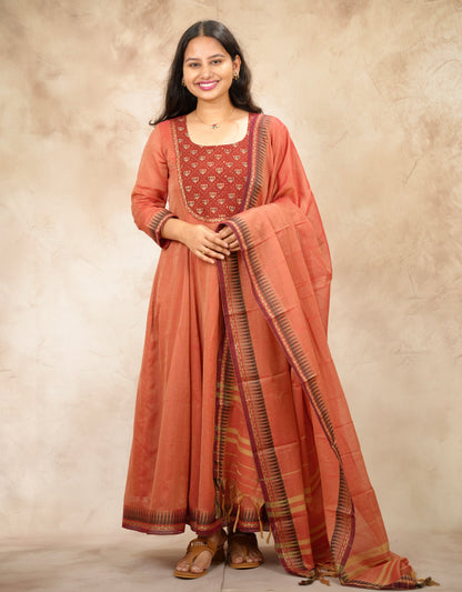 Peach Ajrakh Patch Work Narayanpet Cotton Anarkali Dress with Narayanpet Dupatta | Looms & Tassels