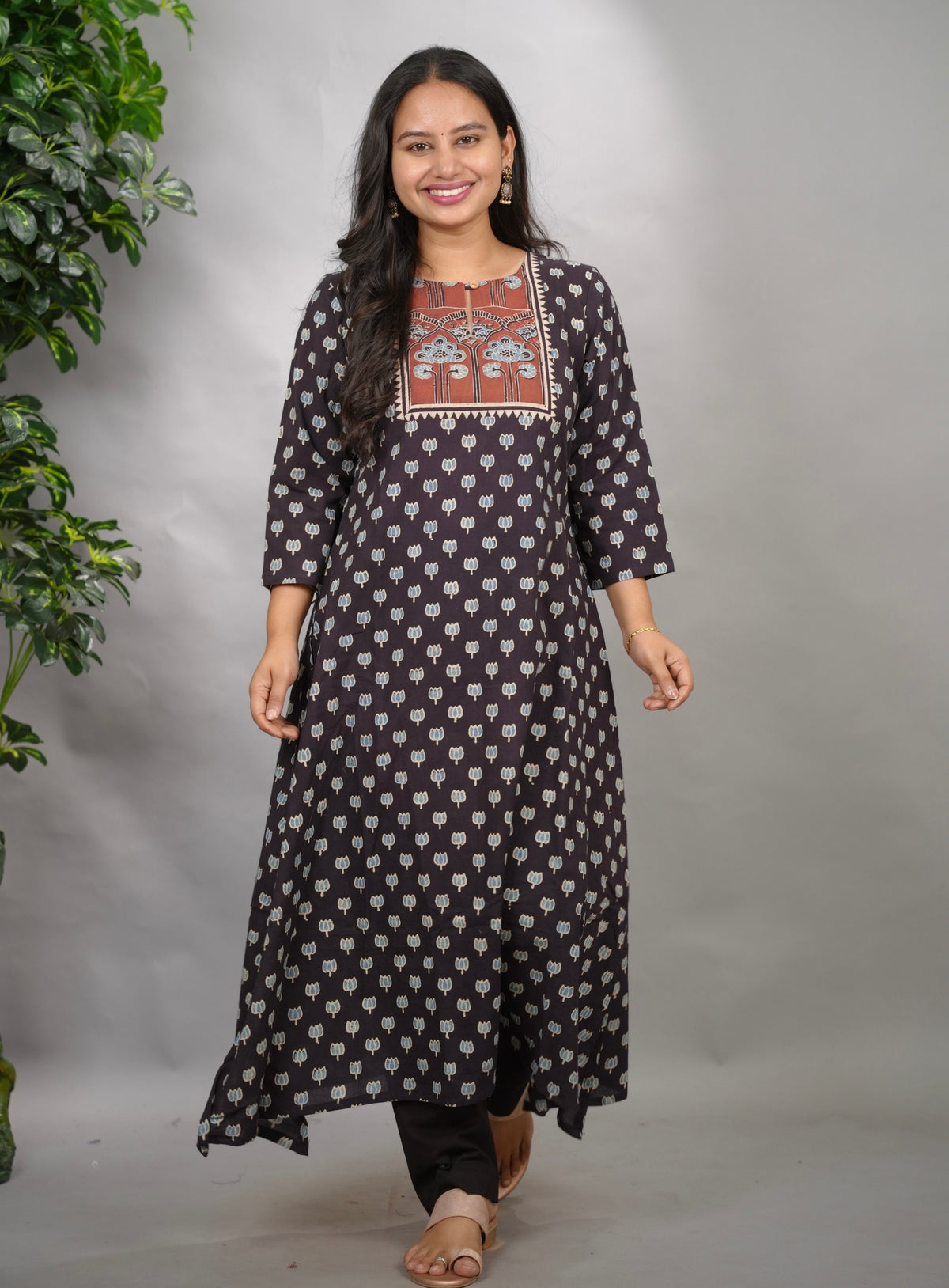 Black Ajrakh Pattern Hand Block printed Aline Kurti | Looms & Tassels