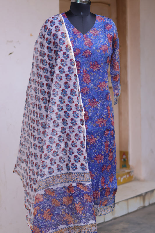 Blue Handblock printed kota 3 piece suit (stitched)