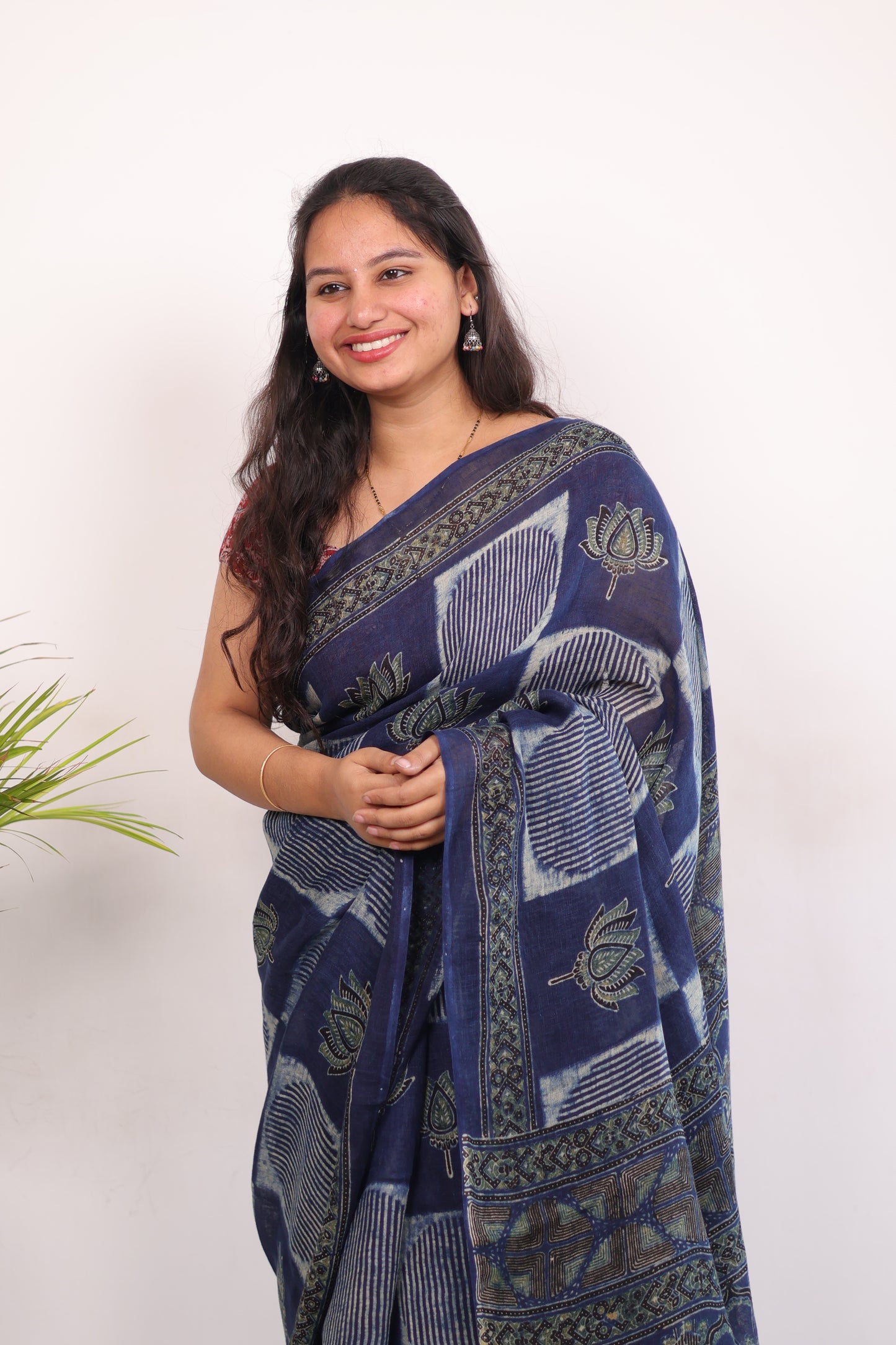 Indigo Pure Linen Ajrakh Handblock Printed Saree