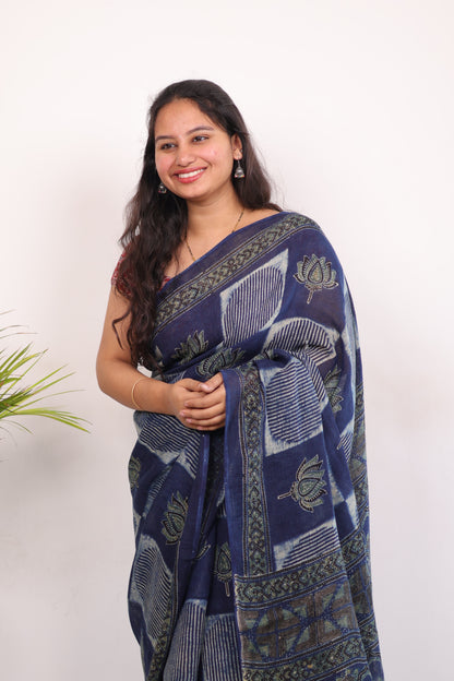 Indigo Pure Linen Ajrakh Handblock Printed Saree
