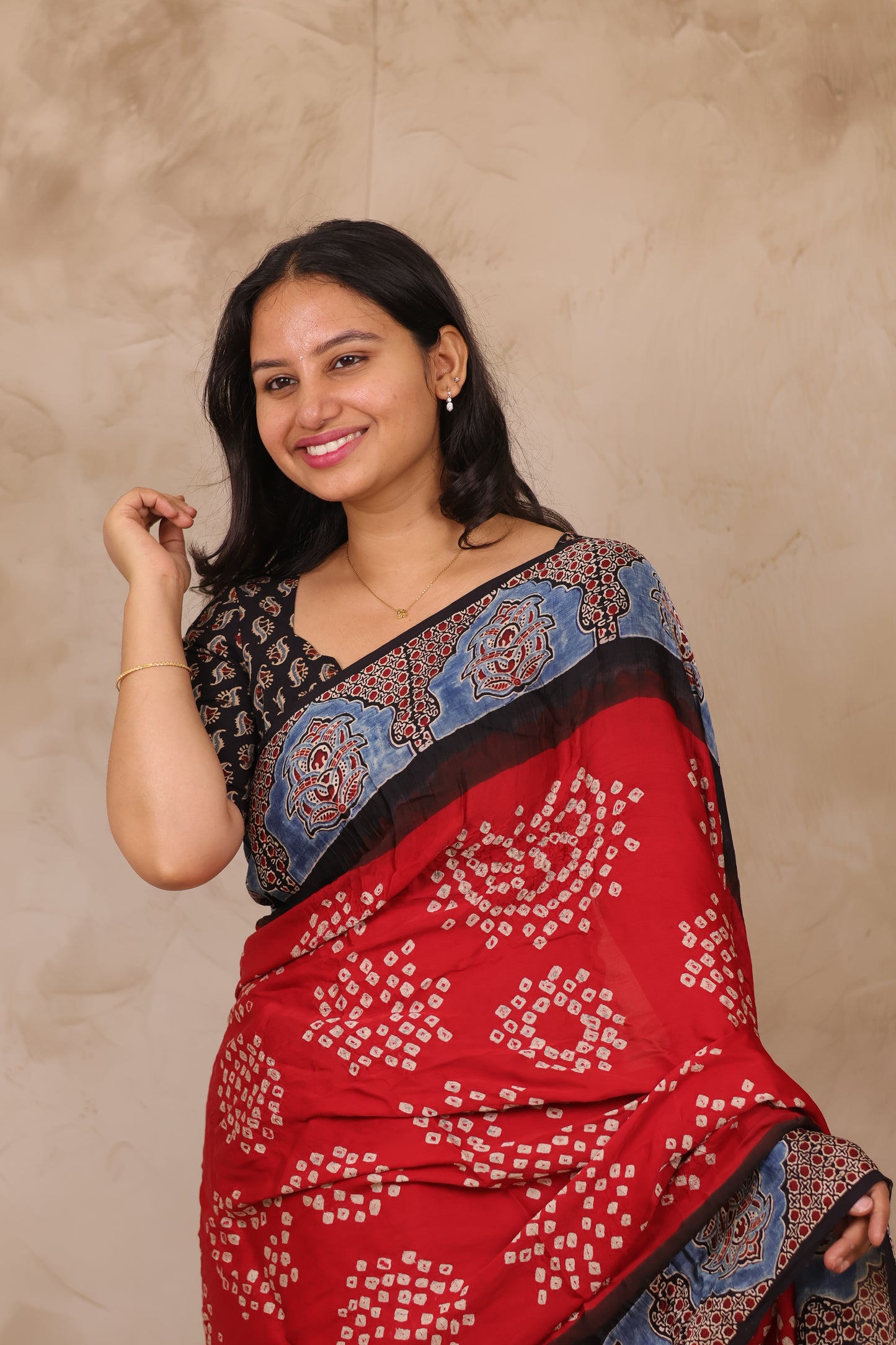 Red Hand Knotted Bandhej Arakh Modal Silk Saree with Lagdi Pallu | Looms & Tassels