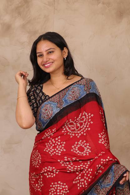 Red Hand Knotted Bandhej Arakh Modal Silk Saree with Lagdi Pallu | Looms & Tassels