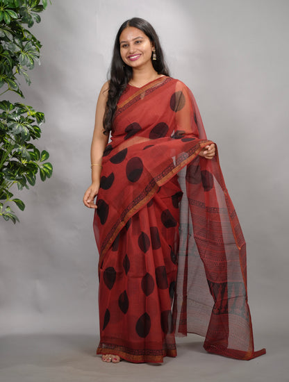 Rust Red Pure Kota Doria Saree with Bagru Handblock Prints