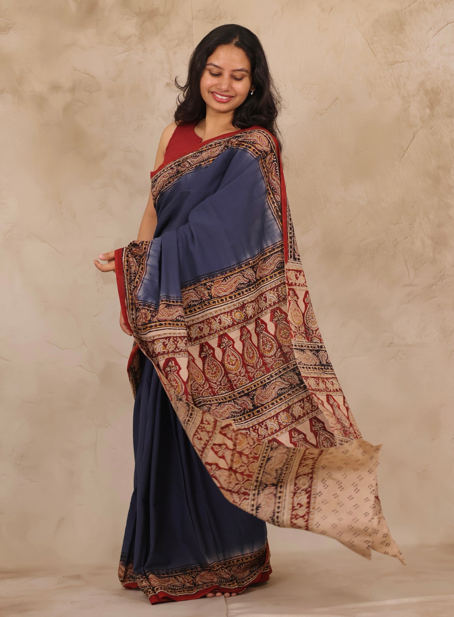 Blue Hand Block Printed Kalamkari Cotton Saree | Looms & Tassels