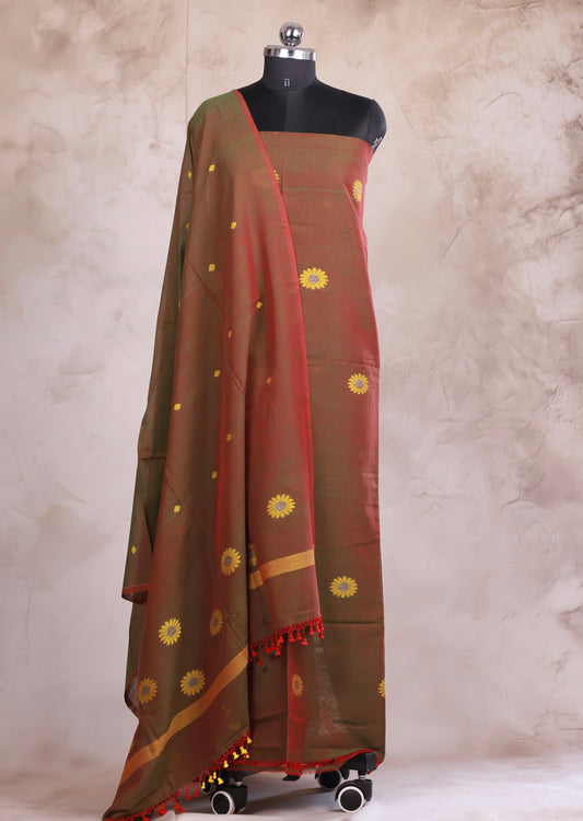 Dual shade Handwoven Jamdhani weaving pure Malai cotton 2 piece suit sets | Looms & Tassels