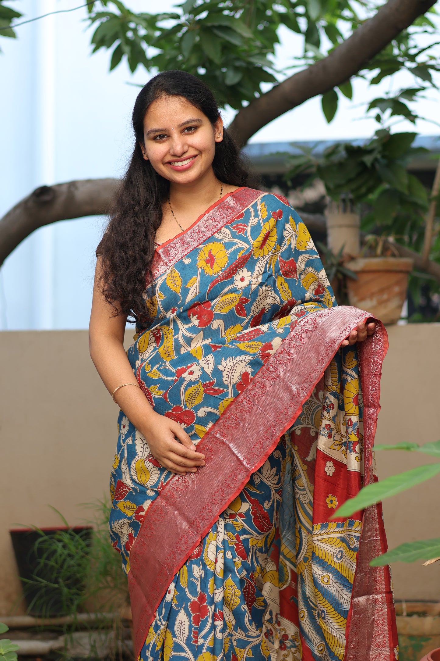 Blue Floral Kalamkari Silk Handcrafted Kanchi Border Saree