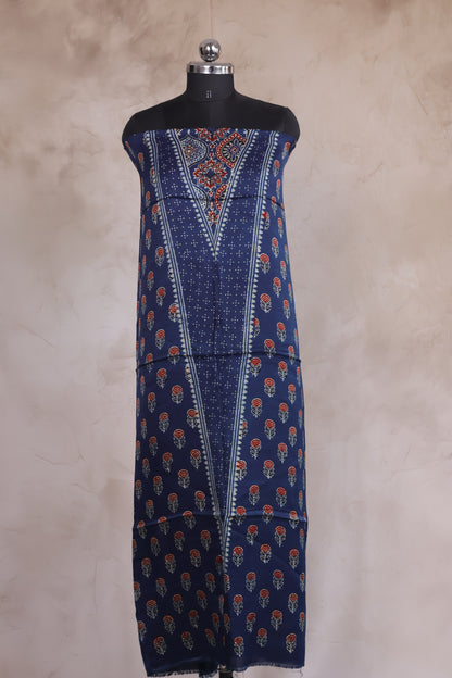 Indigo Floral Ajrakh Handblock Printed Modal Silk 2 Piece Suit Set | Looms & Tassels
