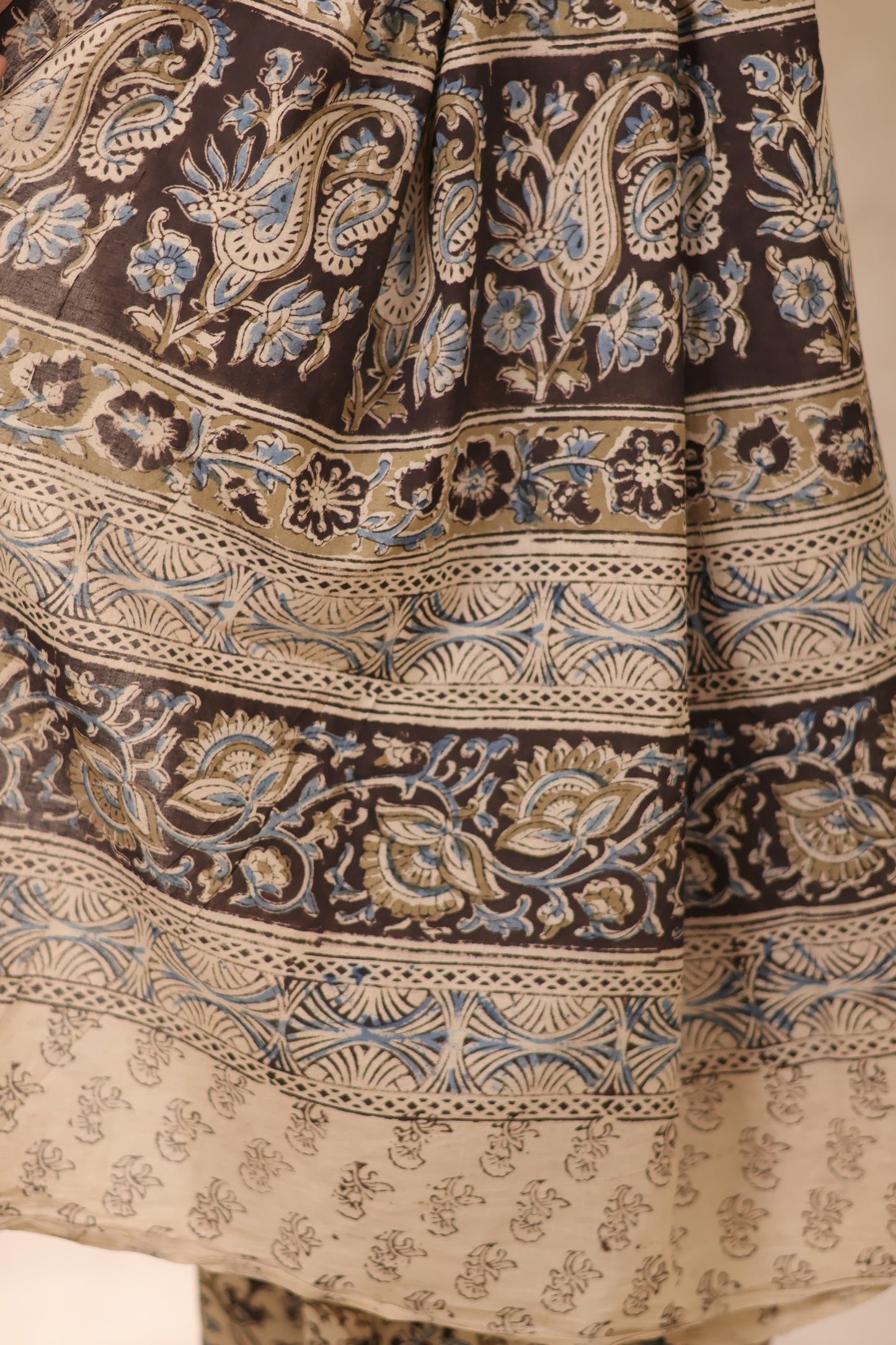Cream Hand Block Printed Kalamkari Cotton Saree | Looms & Tassels