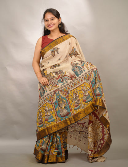 Cream Kanchi border Kalamkari chennur silk saree | Looms & Tassels