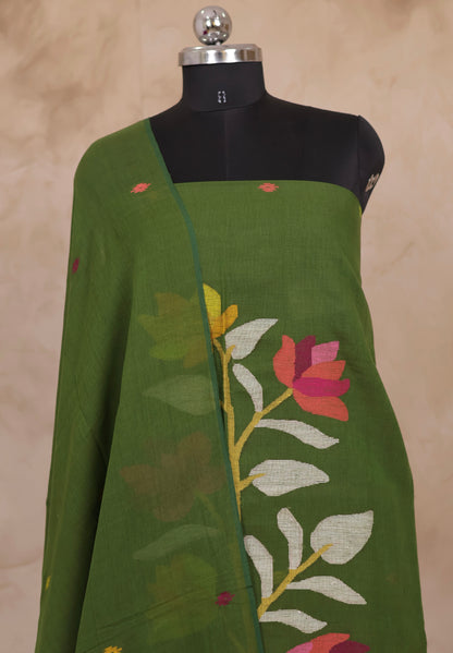 Green Handwoven Jamdhani weaving pure Malai cotton 2 piece suit sets | Looms & Tassels