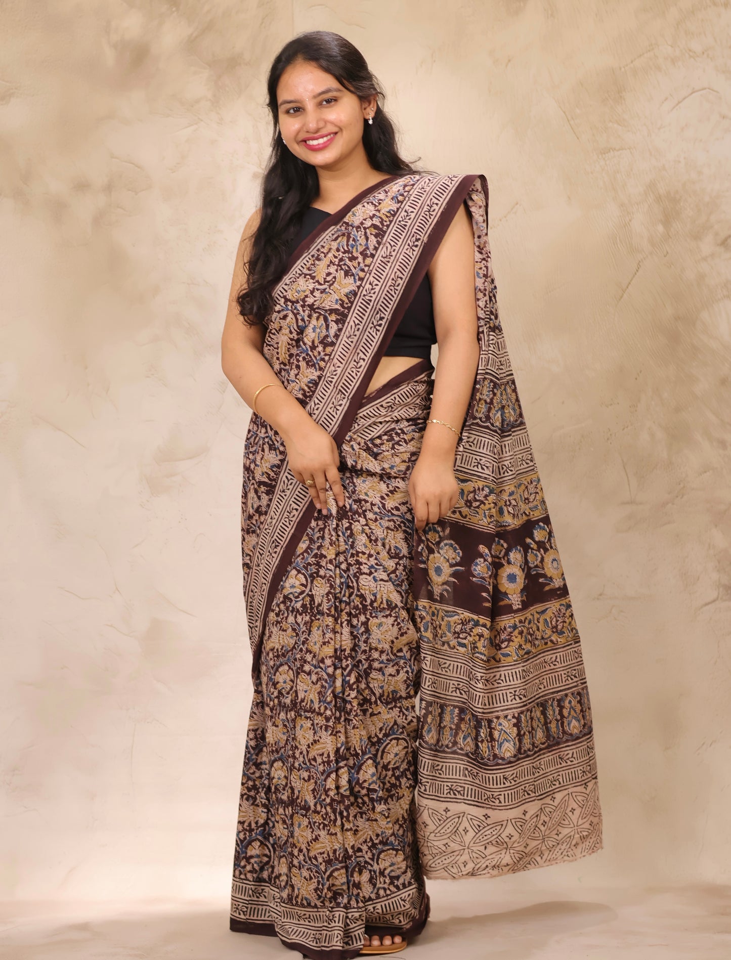 Brown Hand Block Printed Kalamkari Cotton Saree | Looms & Tassels