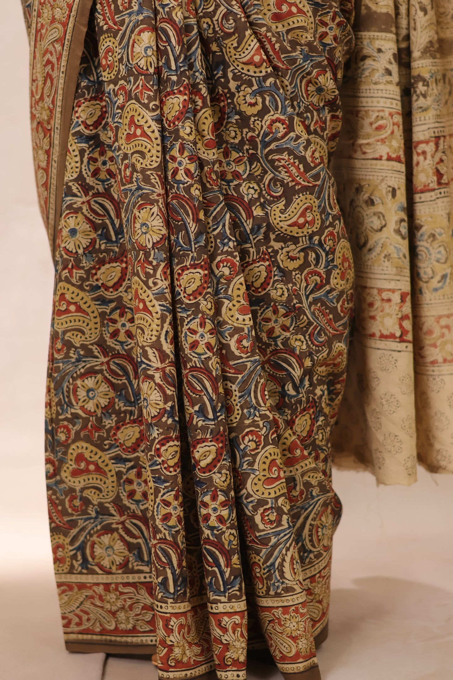 Mehndi Green Hand Block Printed Kalamkari Cotton Saree | Looms & Tassels