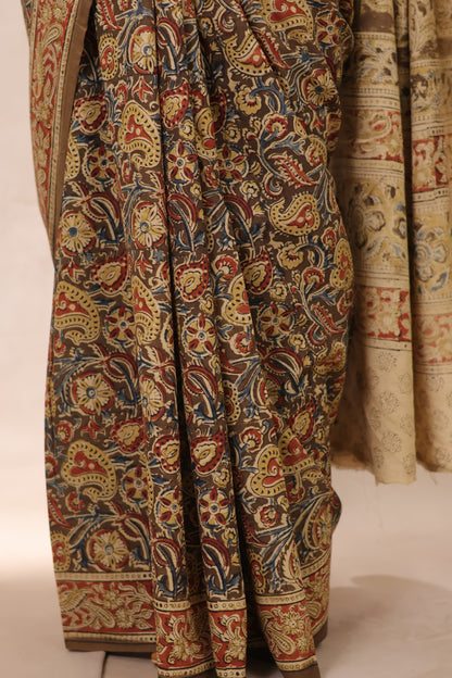 Mehndi Green Hand Block Printed Kalamkari Cotton Saree | Looms & Tassels