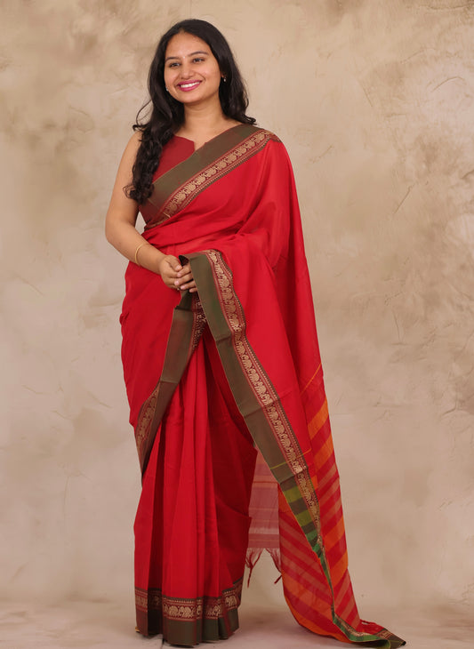 Red Narayanpet Cotton Saree with Elephant Border | Looms & Tassels