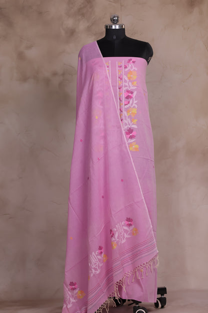 Pastel Pink Handwoven Jamdhani weaving pure Malai cotton 2 piece suit sets | Looms & Tassels