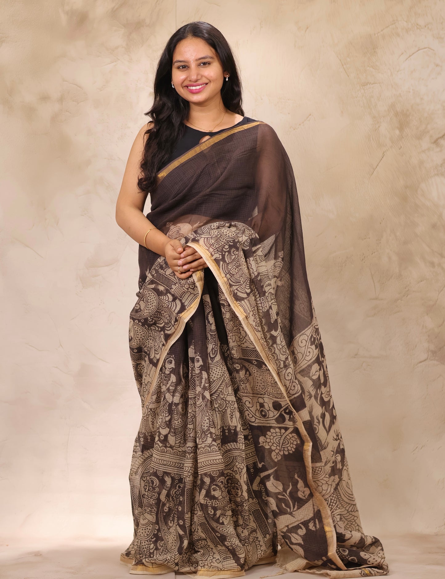 Light Black Kota Doria Saree with Kalamkari Handblock Prints | Looms & Tassels