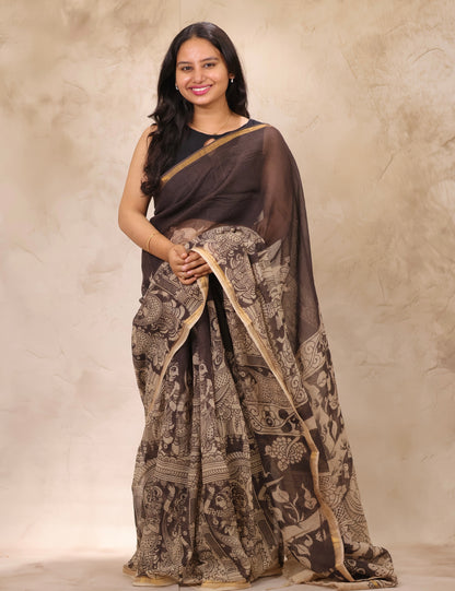 Light Black Kota Doria Saree with Kalamkari Handblock Prints | Looms & Tassels