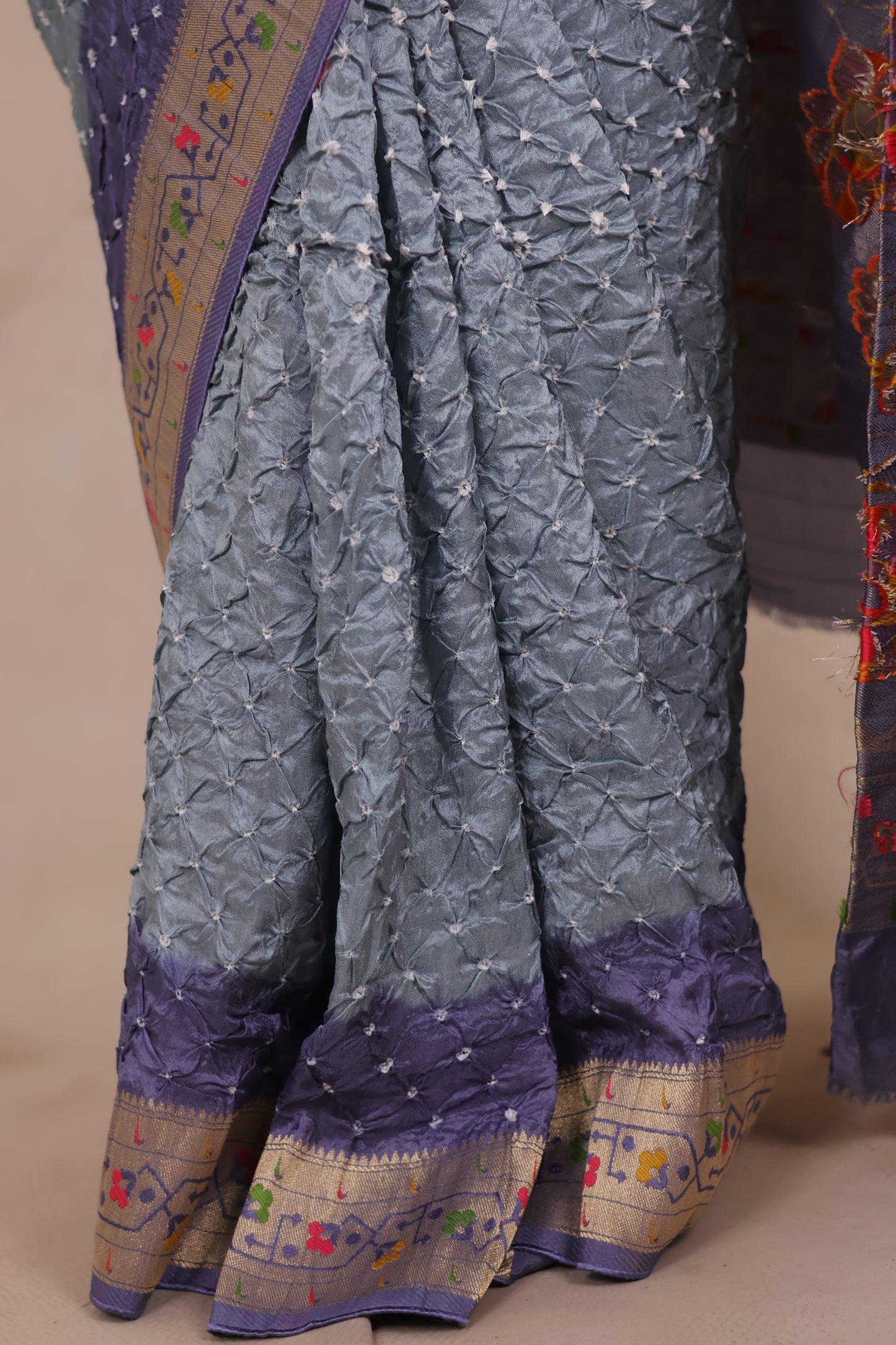 Blue & Grey Handcrafted Bandhani Paithani Dola Silk Saree | Looms & Tassels