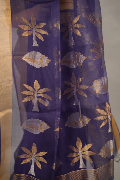 Dark Blue Handloom Muslin Silk Saree With jamdhani weaving | Looms & Tassels
