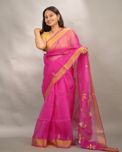 Pink Handloom Muslin Silk Saree With jamdhani weaving | Looms & Tassels