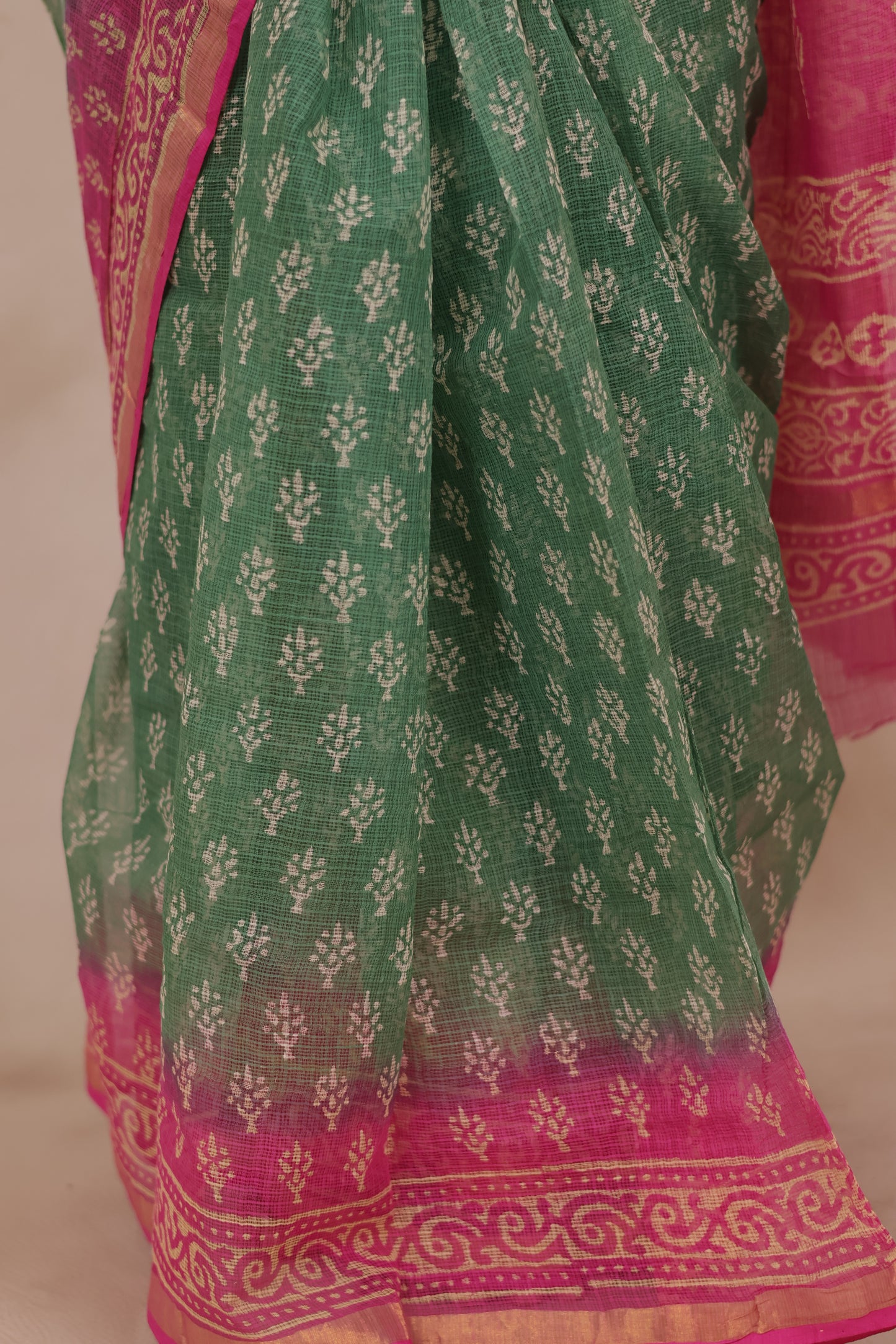 Green & Pink Pure Kota Doria Saree with Bagru Handblock Prints | Looms & Tassels