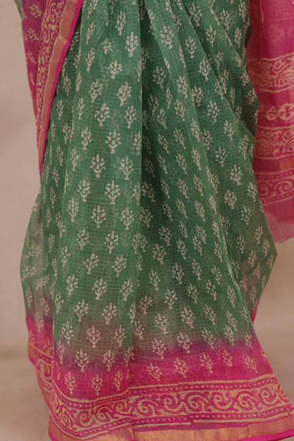 Green & Pink Pure Kota Doria Saree with Bagru Handblock Prints | Looms & Tassels