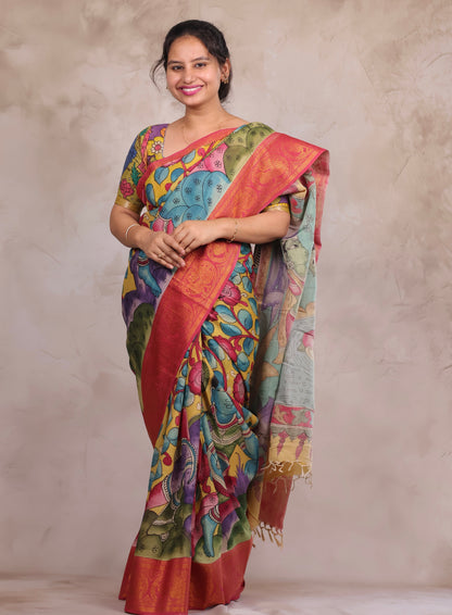 Hand Drawn Pen Kalamkari Yellow And Red's pink Bangalore Silk Kanchi Border Saree | Looms & Tassels