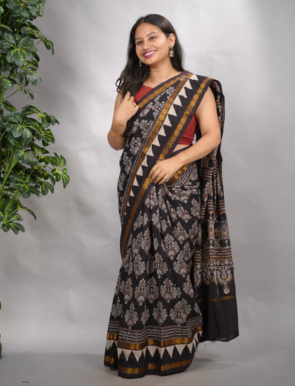 Black Ajrakh Hand Block Printed Sungudi Cotton Saree | Looms & Tassels
