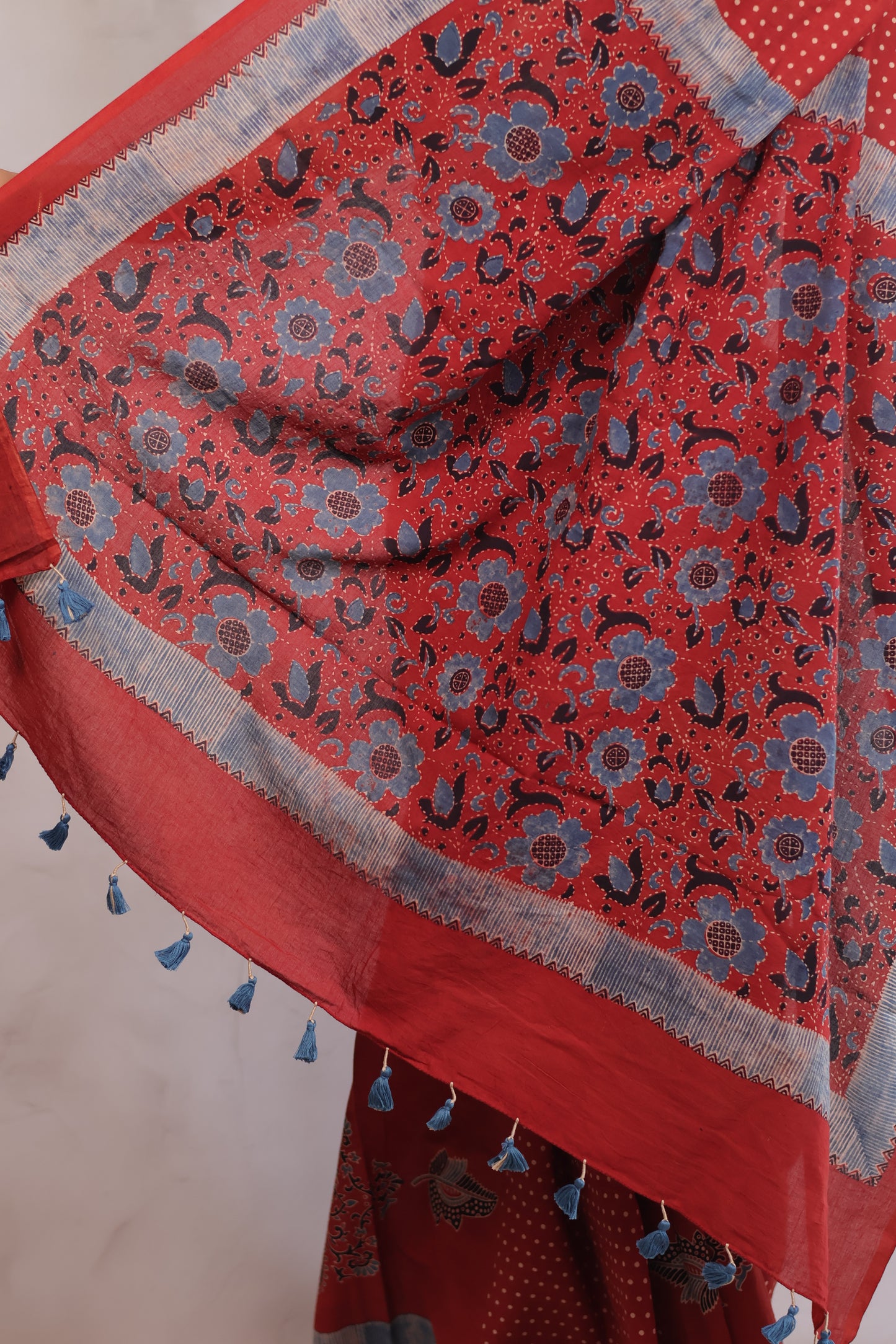 Red Ajrakh Hand Block Printed Mul Cotton Saree | Looms & Tassels