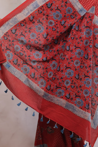 Red Ajrakh Hand Block Printed Mul Cotton Saree | Looms & Tassels