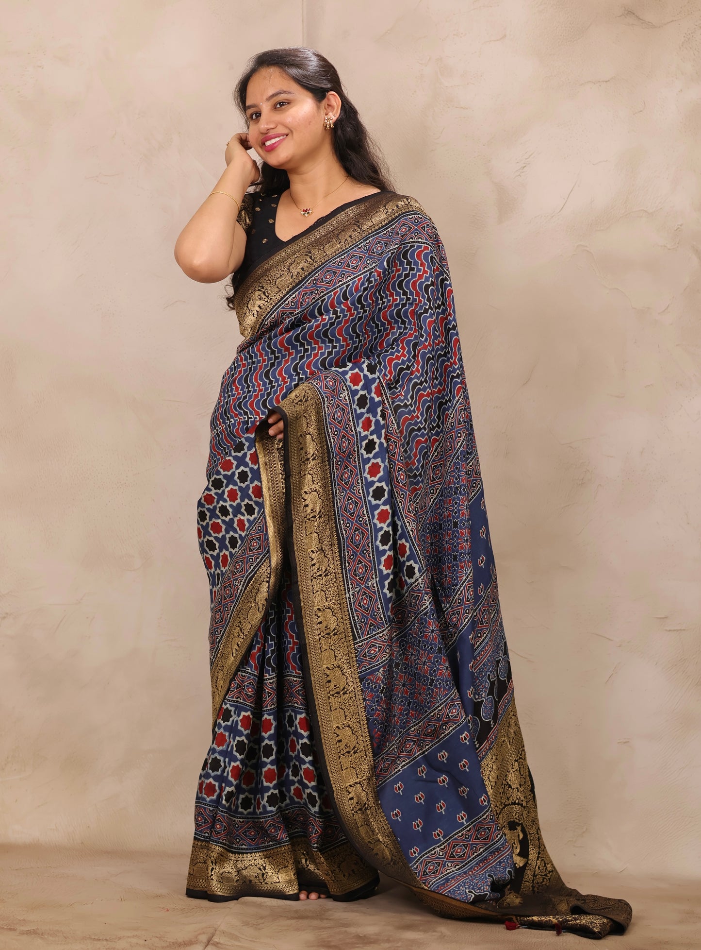 Indigo Ajrakh Handblock printed Dola Silk Saree | Looms & Tassels