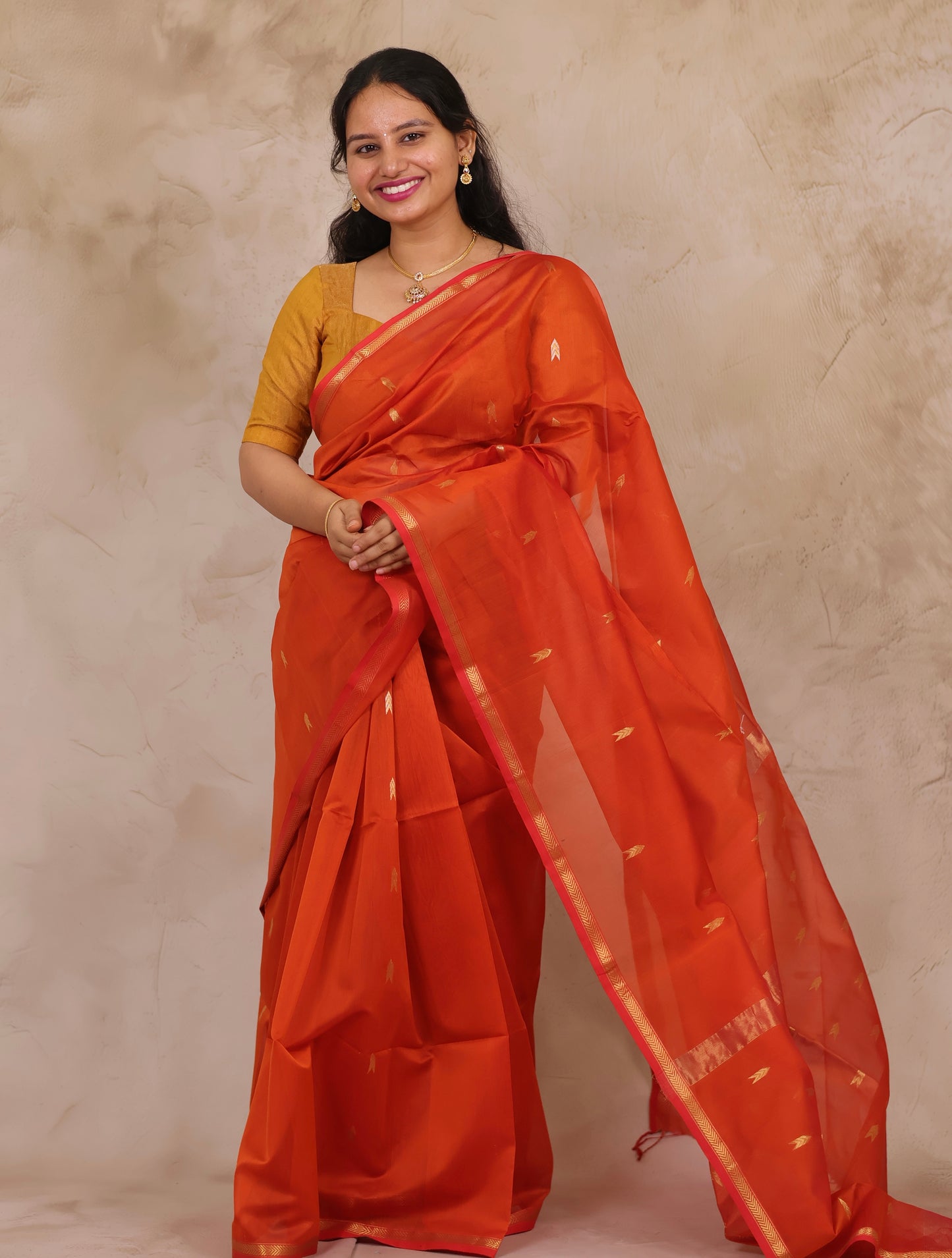 Orange Handloom Maheswari Silk Cotton Sarees | Looms & Tassels