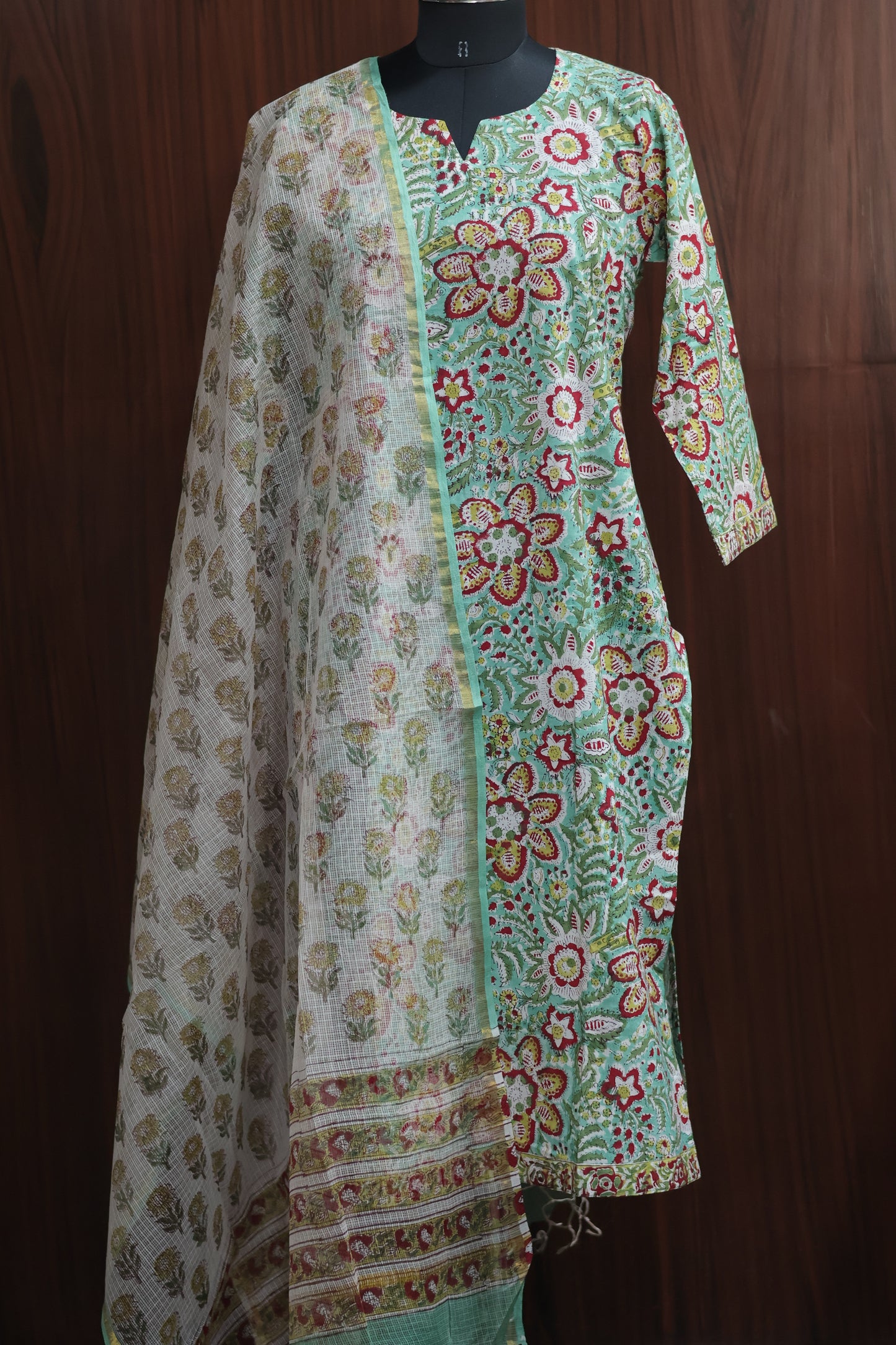 Sea Green Handblock printed Pure Mul Cotton with Kota Doria Duppata 3 piece suit (stitched)