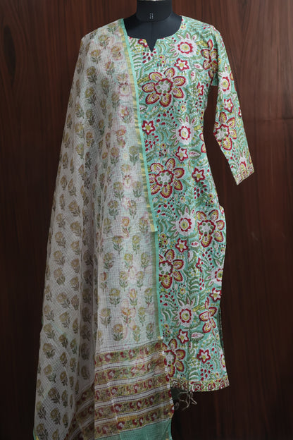 Sea Green Handblock printed Pure Mul Cotton with Kota Doria Duppata 3 piece suit (stitched)