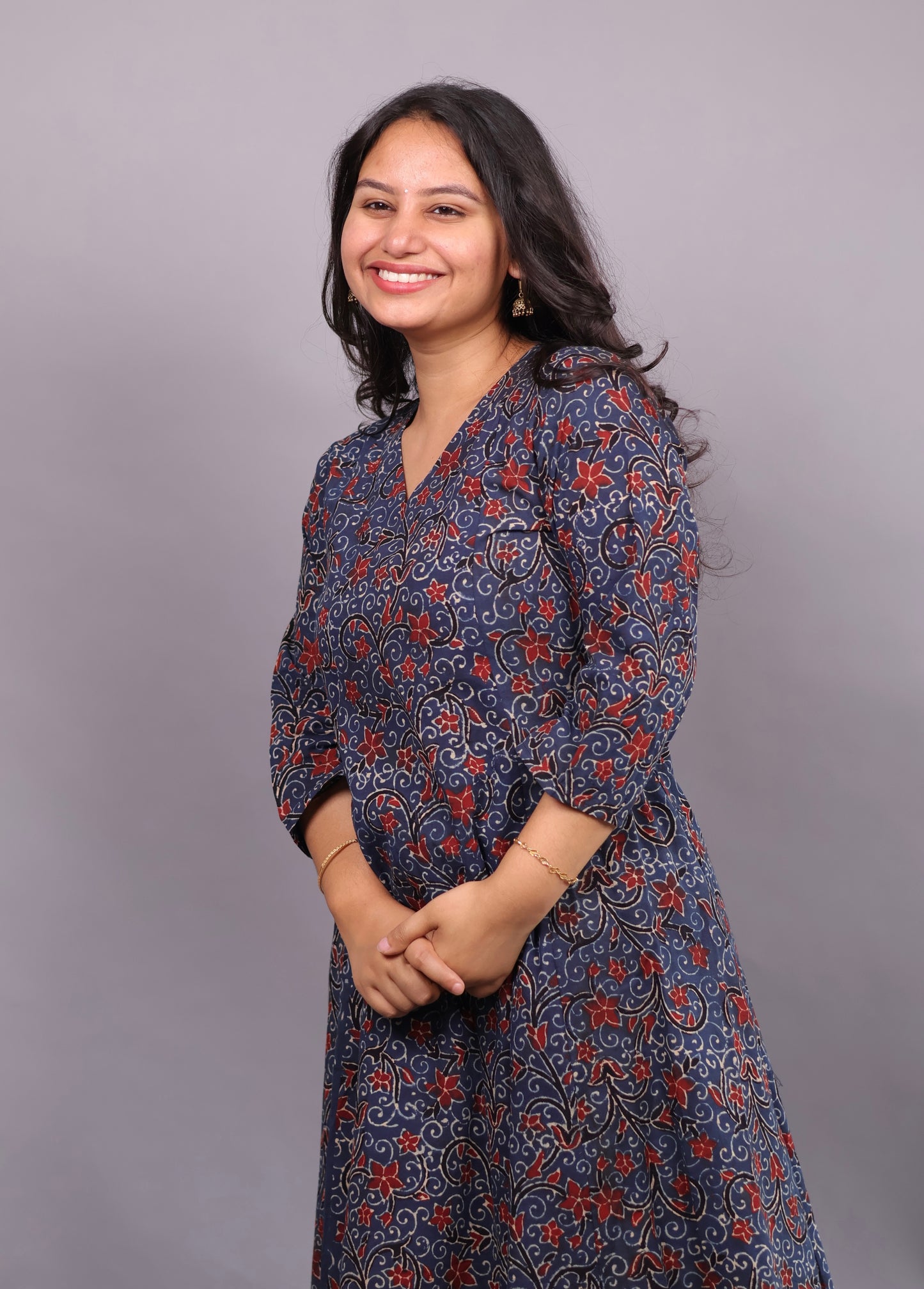 Indigo Ajrakh Handblock Printed Kali Kurti Co-ord Set (Pure Cotton ) | Looms & Tassels