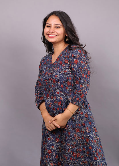 Indigo Ajrakh Handblock Printed Kali Kurti Co-ord Set (Pure Cotton ) | Looms & Tassels