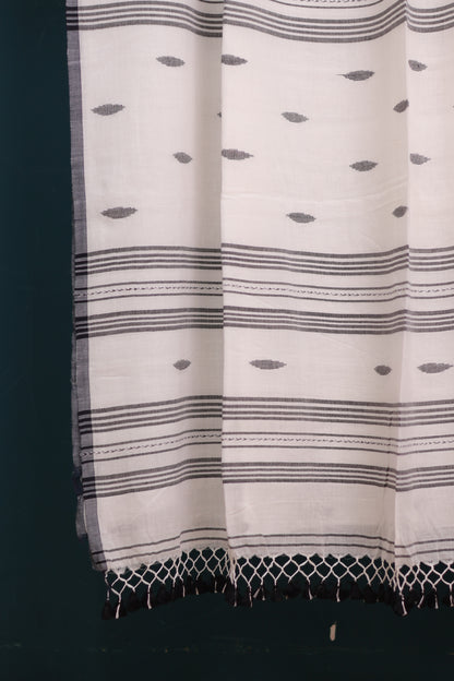 White & black Pure Handwoven Malai Cotton Saree with Butta Weaving