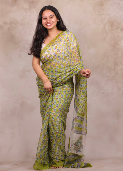 Green Chiffon Hand Block Printed Saree | Looms & Tassels