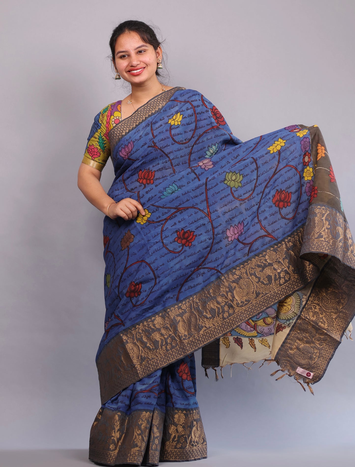 Blue Hand Painted Pen Kalamkari Silk Saree