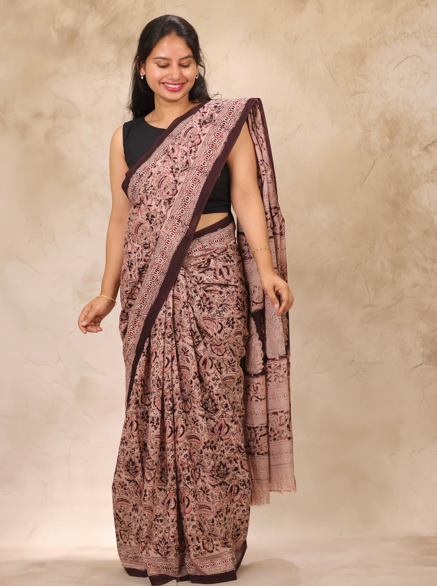 Cream Hand Block Printed Kalamkari Cotton Saree | Looms & Tassels