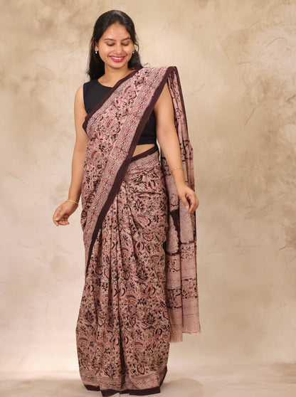 Cream Hand Block Printed Kalamkari Cotton Saree | Looms & Tassels