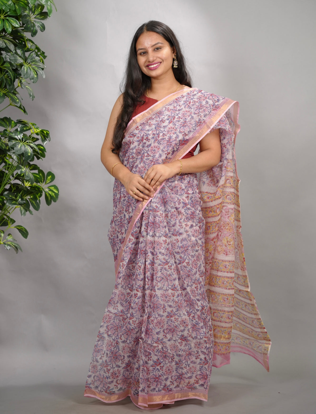 White & Lavender Pure Kota Doria Saree with Bagru Handblock Prints