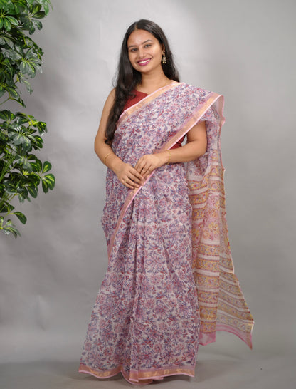 White & Lavender Pure Kota Doria Saree with Bagru Handblock Prints