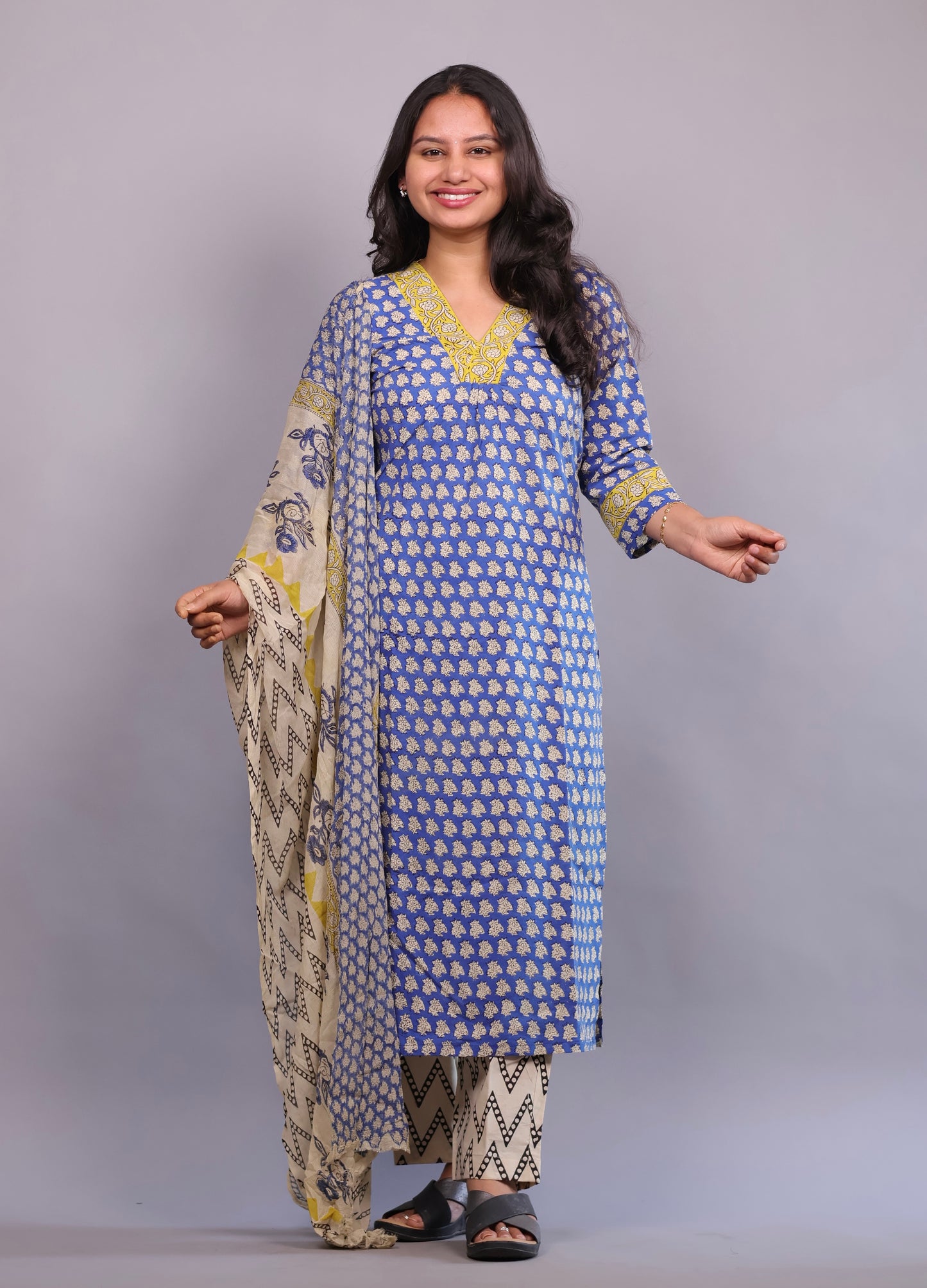 Blue Handblock printed Pure Mul Cotton with chiffon Duppatta 3 piece suit (stitched)